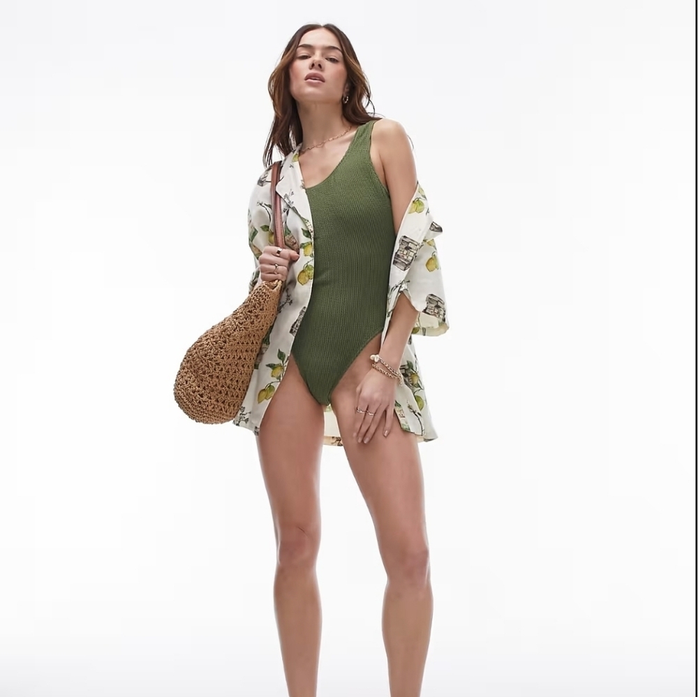 Topshop Crinkle Scoop-Back One-piece Swimsuit in Olive Green Khaki - Sz 8 Med